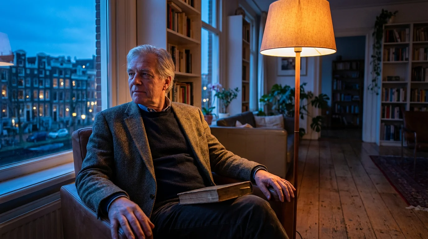 A retired man sits in a cozy apartment looking out at a city during blue hour.