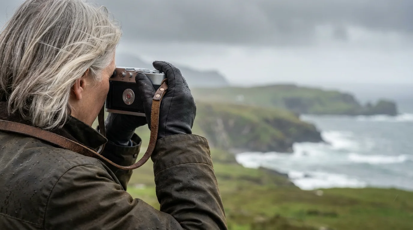 A retired woman on a solo trip prepares to take a photo of a coastal landscape.