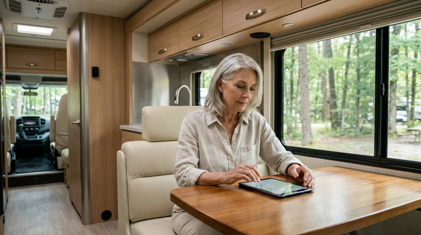 A retired woman researching on a tablet inside a modern luxury motorhome.