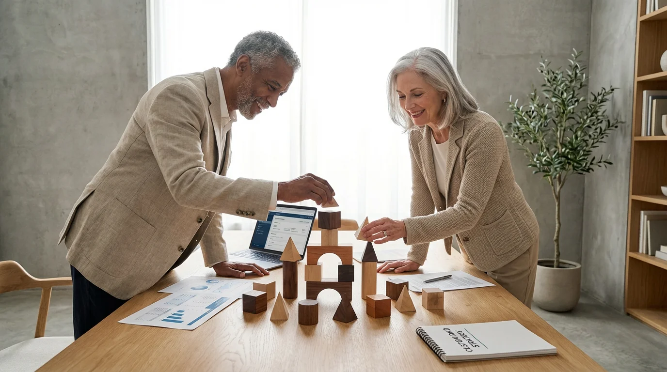 A senior couple builds a custom structure with wooden blocks, symbolizing financial planning.