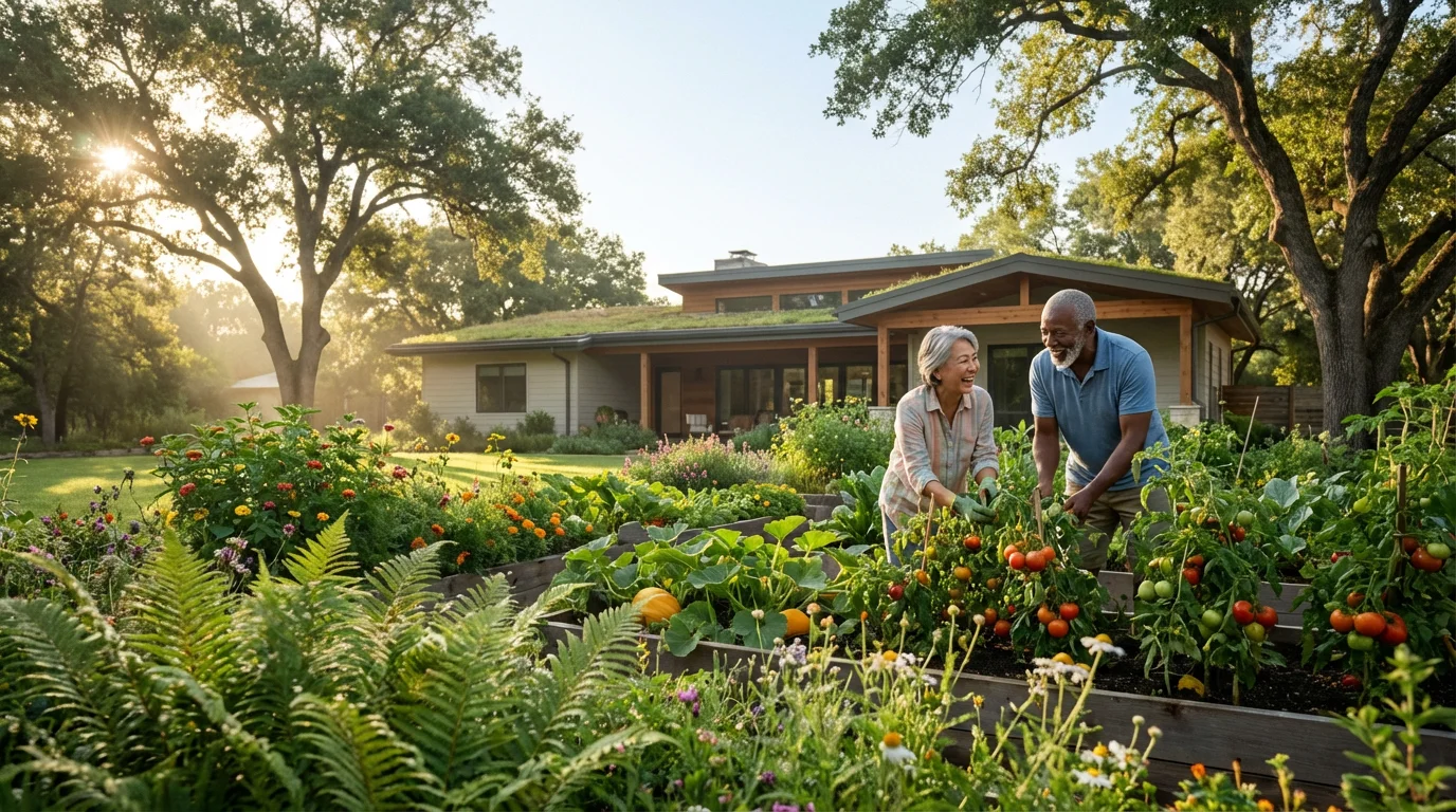 A senior couple enjoys gardening together in their beautiful, sunlit backyard during retirement.