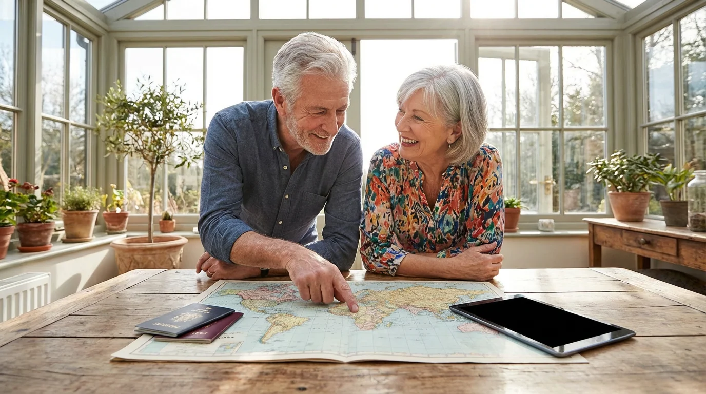 A senior couple excitedly planning their next adventure with a large world map.