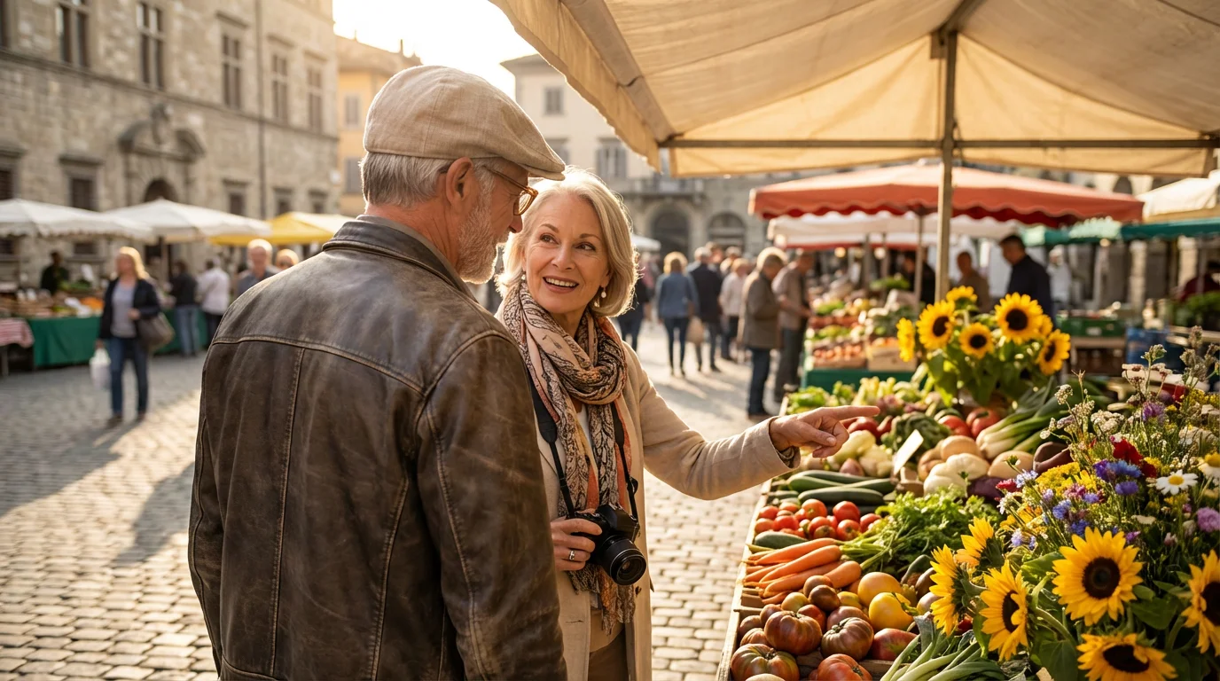 A senior couple explores a vibrant, sunny farmers market while considering retirement relocation options.