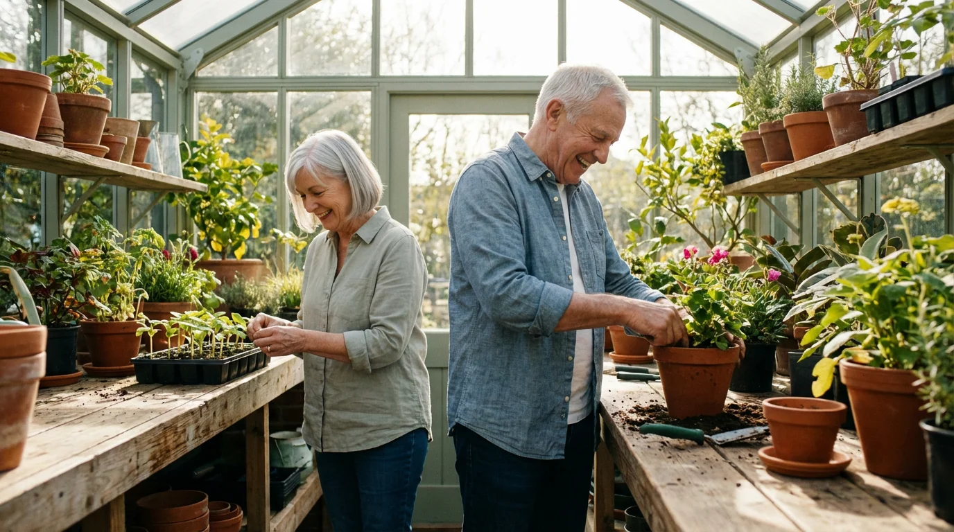 A senior couple happily gardening together inside a beautiful, light-filled home greenhouse.