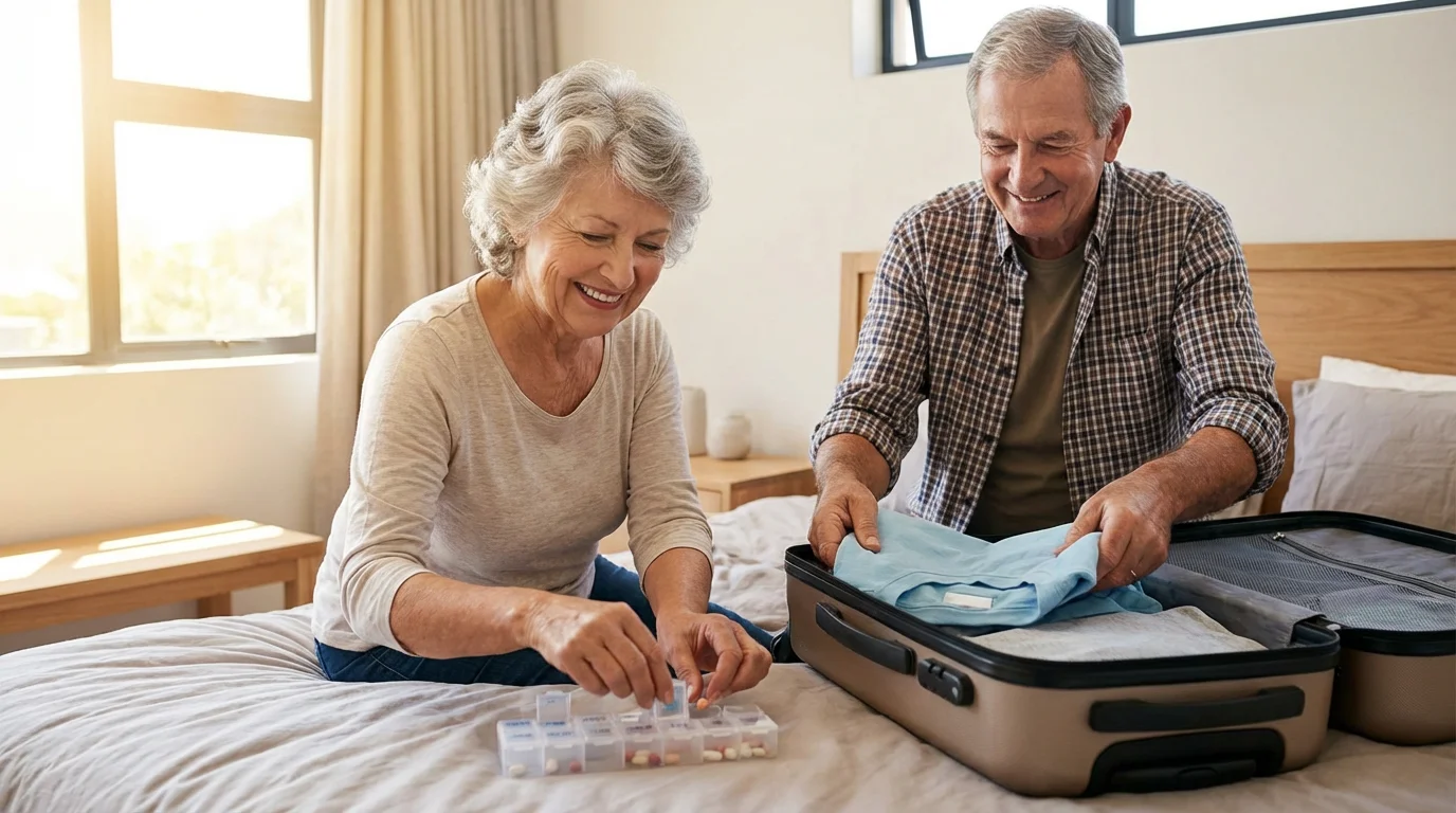 A senior couple packing a suitcase and organizing travel medications in a sunlit bedroom.