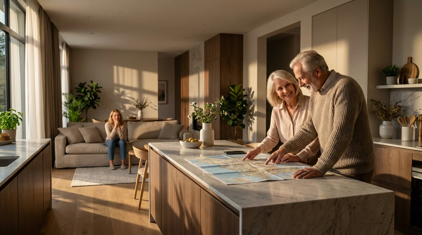 A senior couple plans at a kitchen island while their family waits in background.