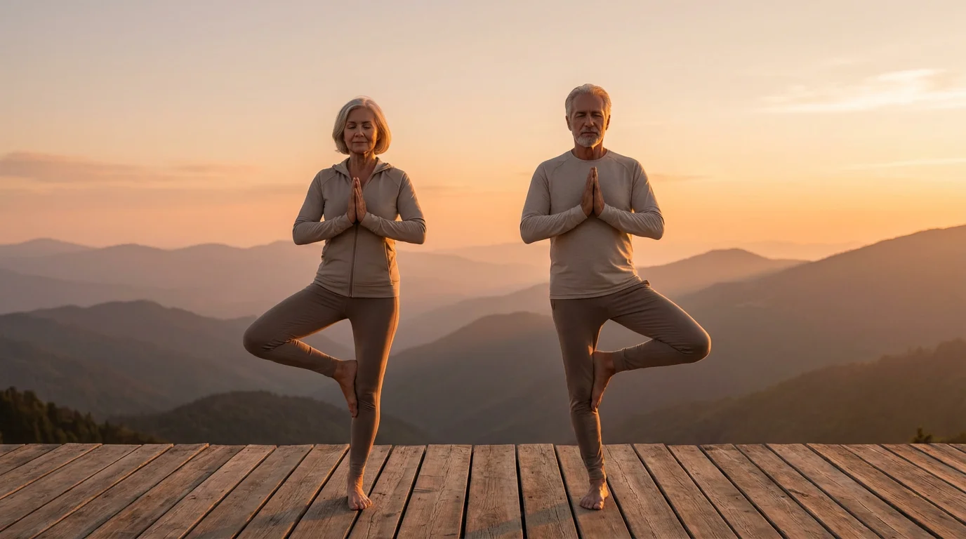 A senior couple practicing yoga on a mountain deck at sunset for wellness.