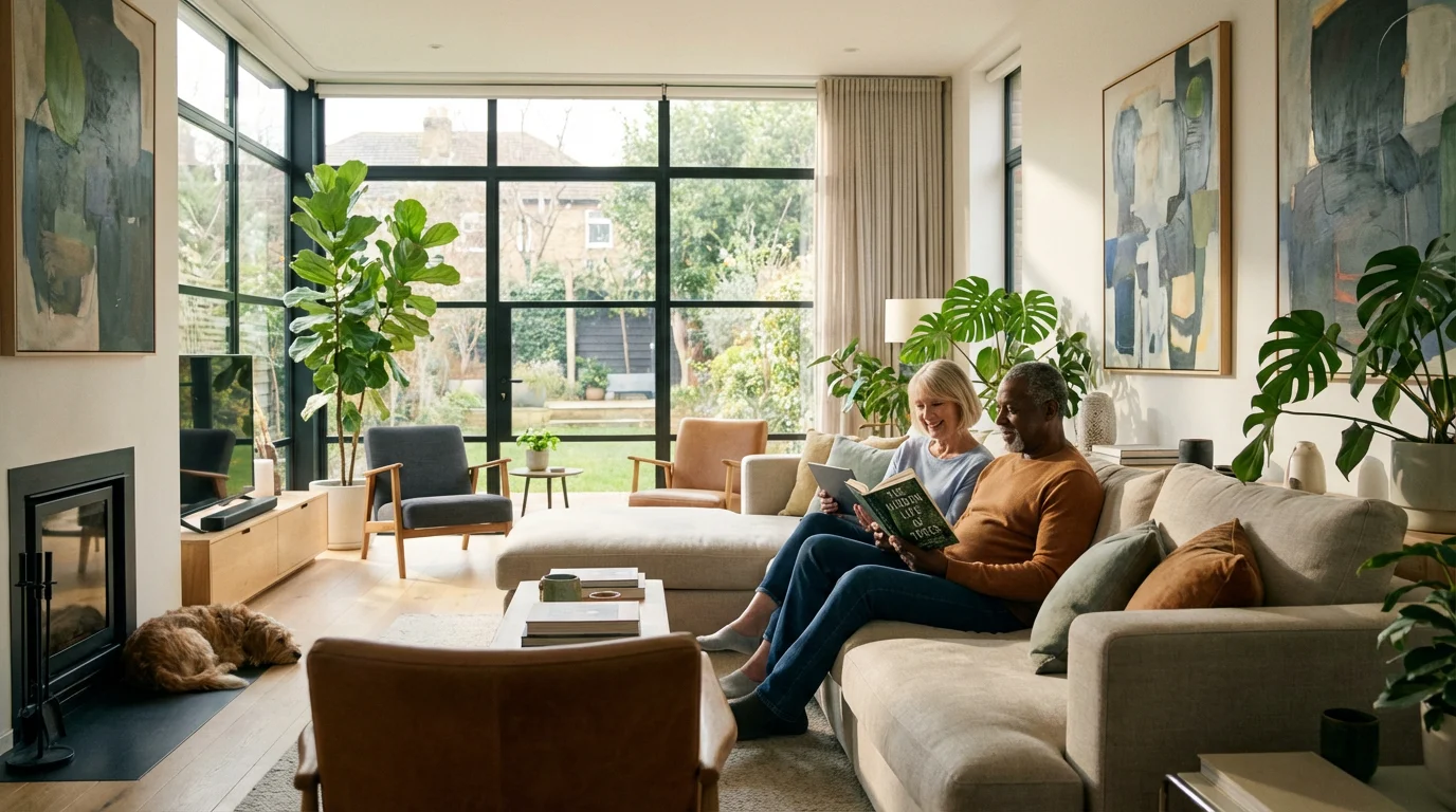 A senior couple relaxes on a sofa in their modern, sunlit living room.