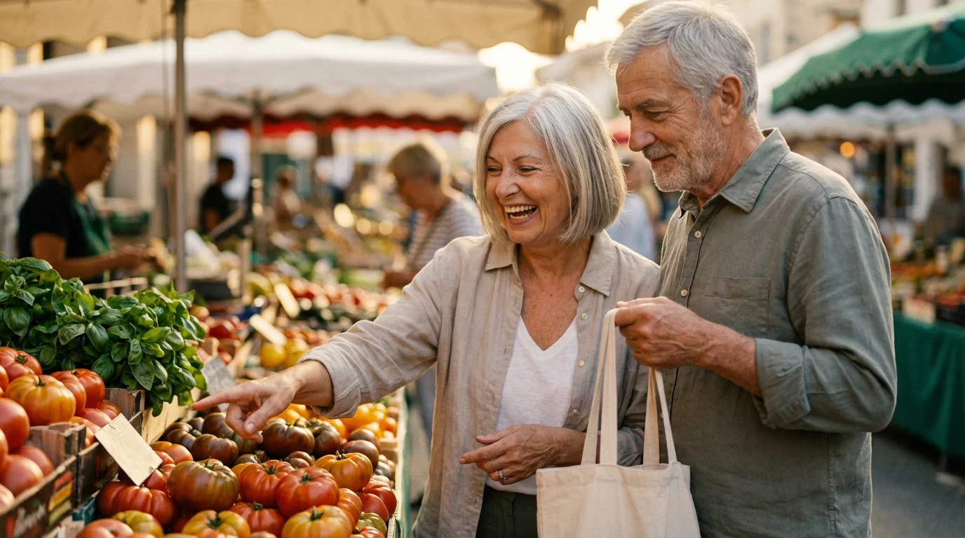 A senior couple shops for fresh produce at a sunny European outdoor food market.