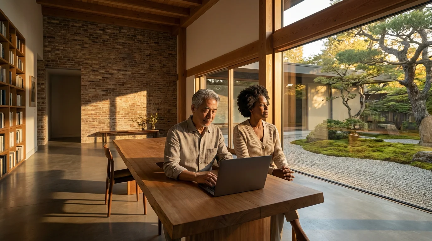 A senior couple sits at a desk in a sunlit modern study, planning together.