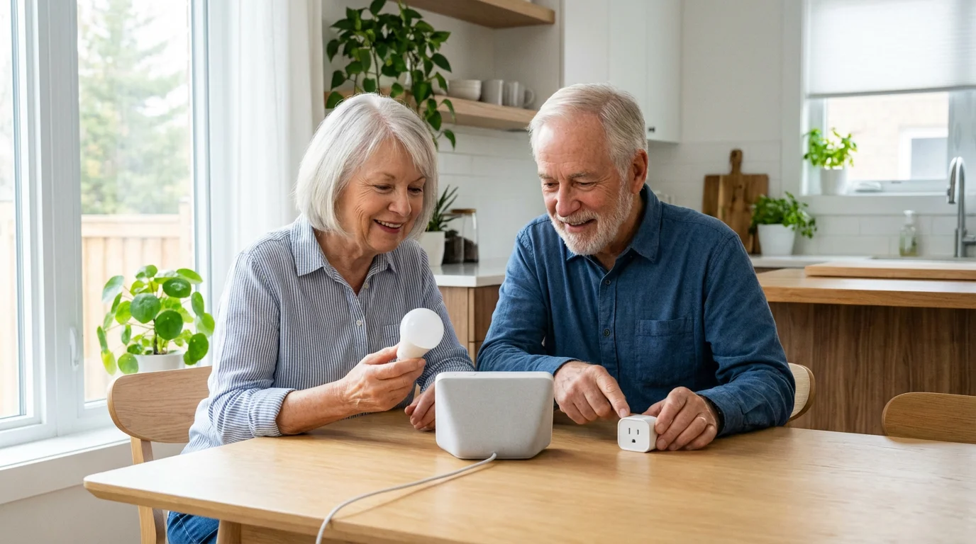 A senior couple sits at a kitchen table examining various smart home devices together.