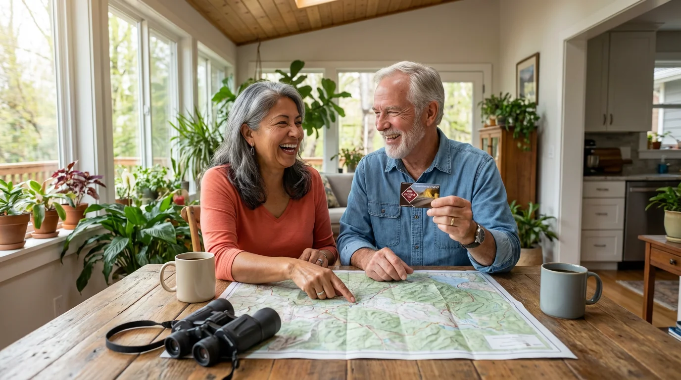A senior couple sits at a table planning a trip with a map and pass.