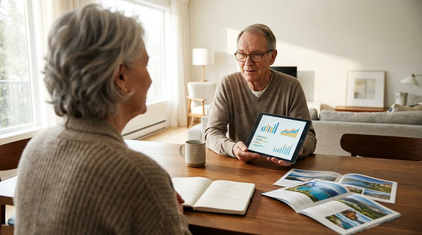 A senior couple sits at a table planning their travel budget on a tablet.