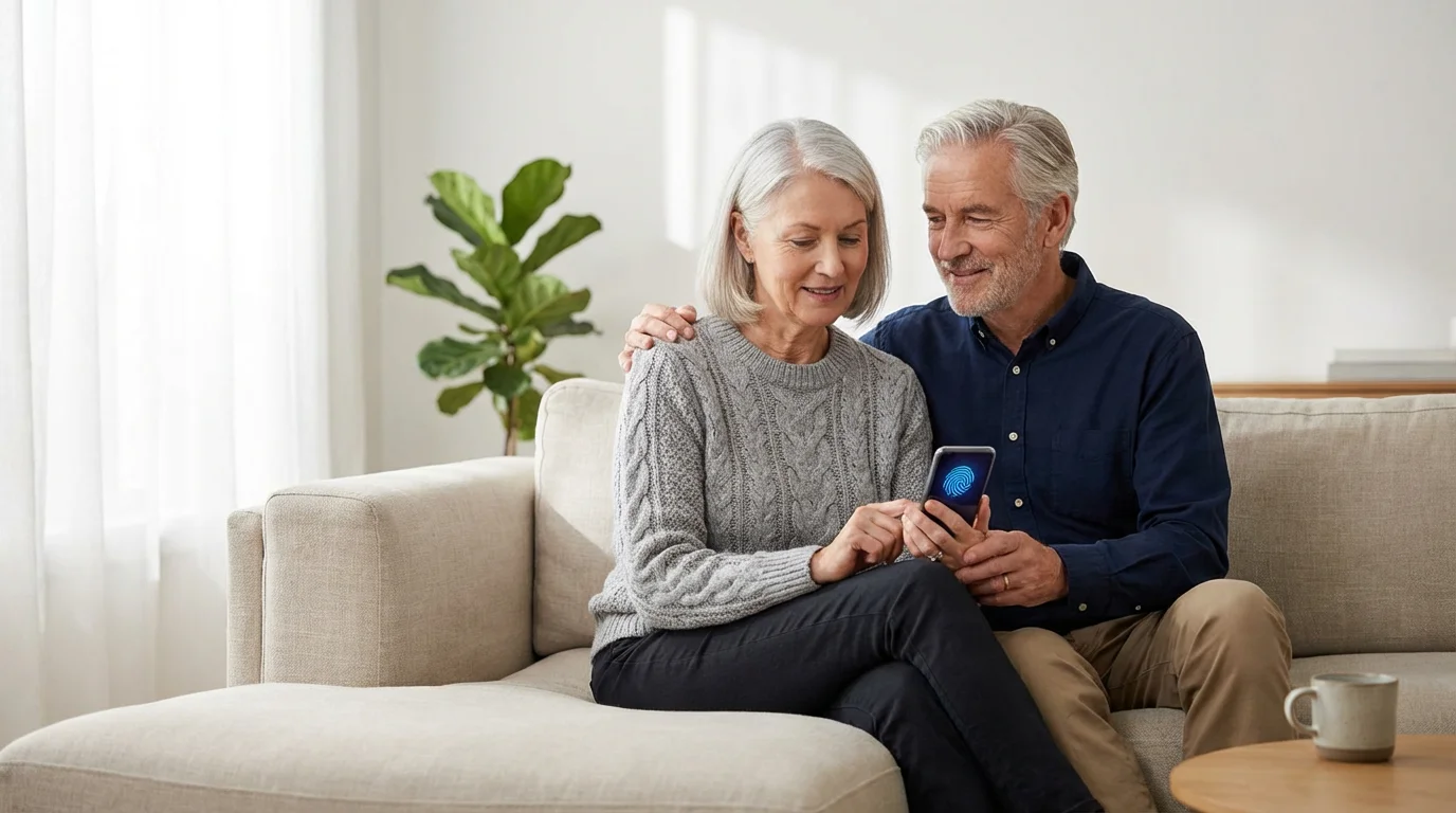 A senior couple sits on a sofa, calmly using a smartphone with a fingerprint security icon.
