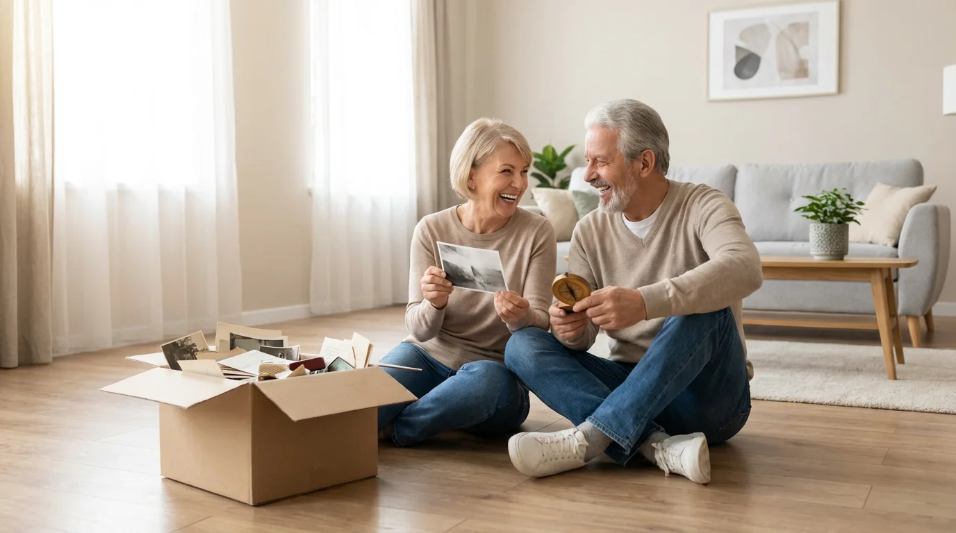 A senior couple smiles while sorting a memory box in a modern, minimalist apartment.
