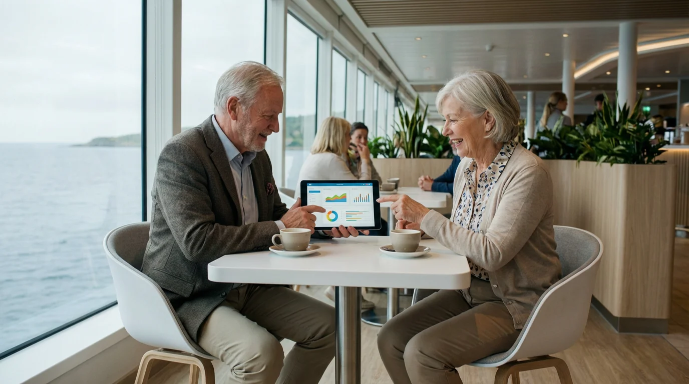 A senior couple smiling while using a tablet to find cruise deals together.