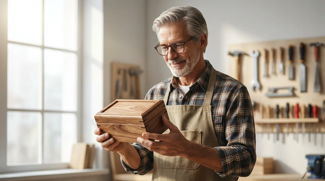 A senior male craftsman in his workshop proudly inspecting a handcrafted wooden box.