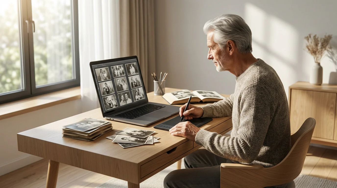 A senior man at a desk using a laptop to organize old family photos.