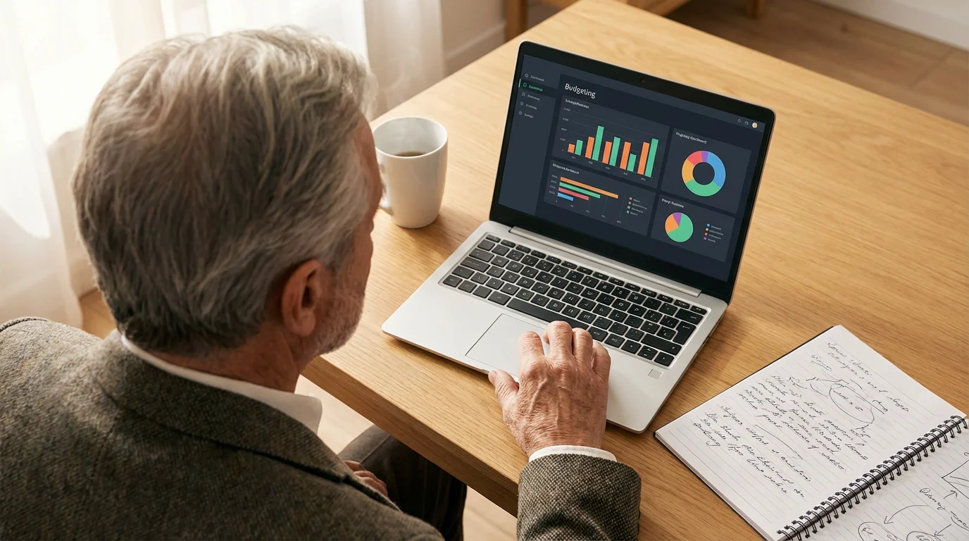 A senior man at a sunlit desk planning his travel finances on a laptop.