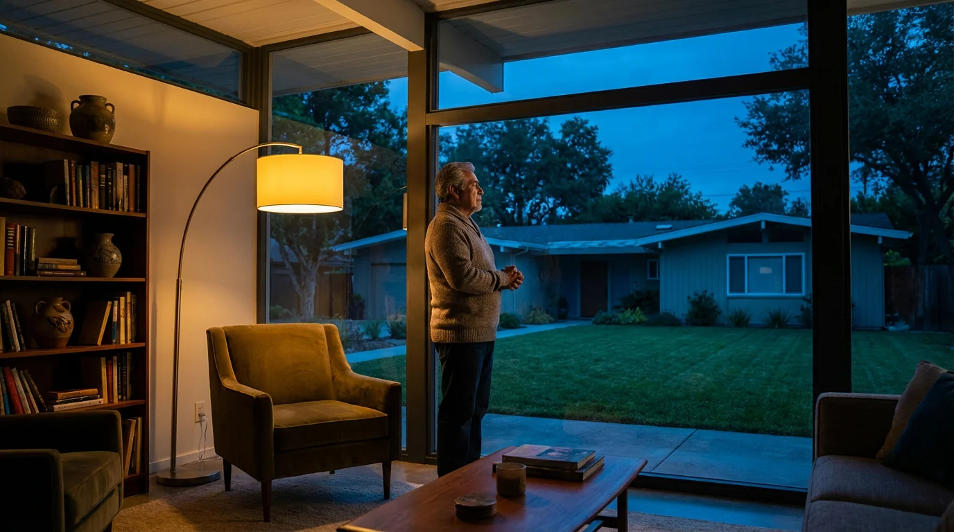 A senior man contemplates while looking out his living room window at his home during twilight.