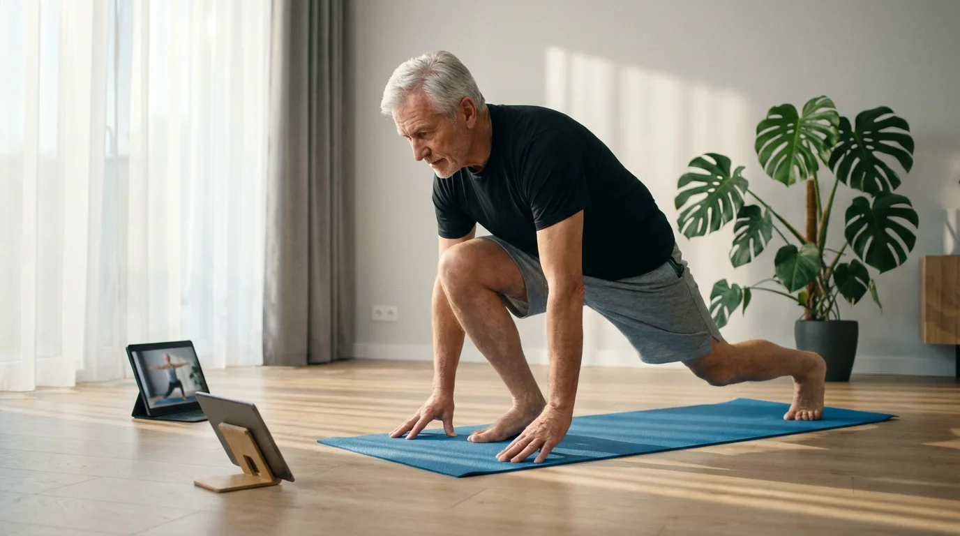 A senior man doing a yoga stretch on a mat while following a virtual class.