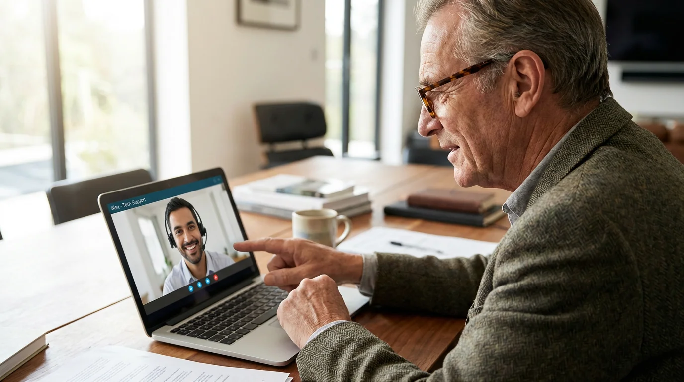 A senior man gets remote tech support on his laptop via video call.