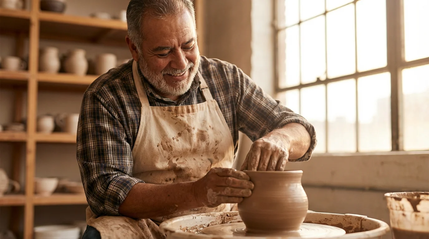 A senior man happily learning pottery, shaping clay on a wheel during golden hour.