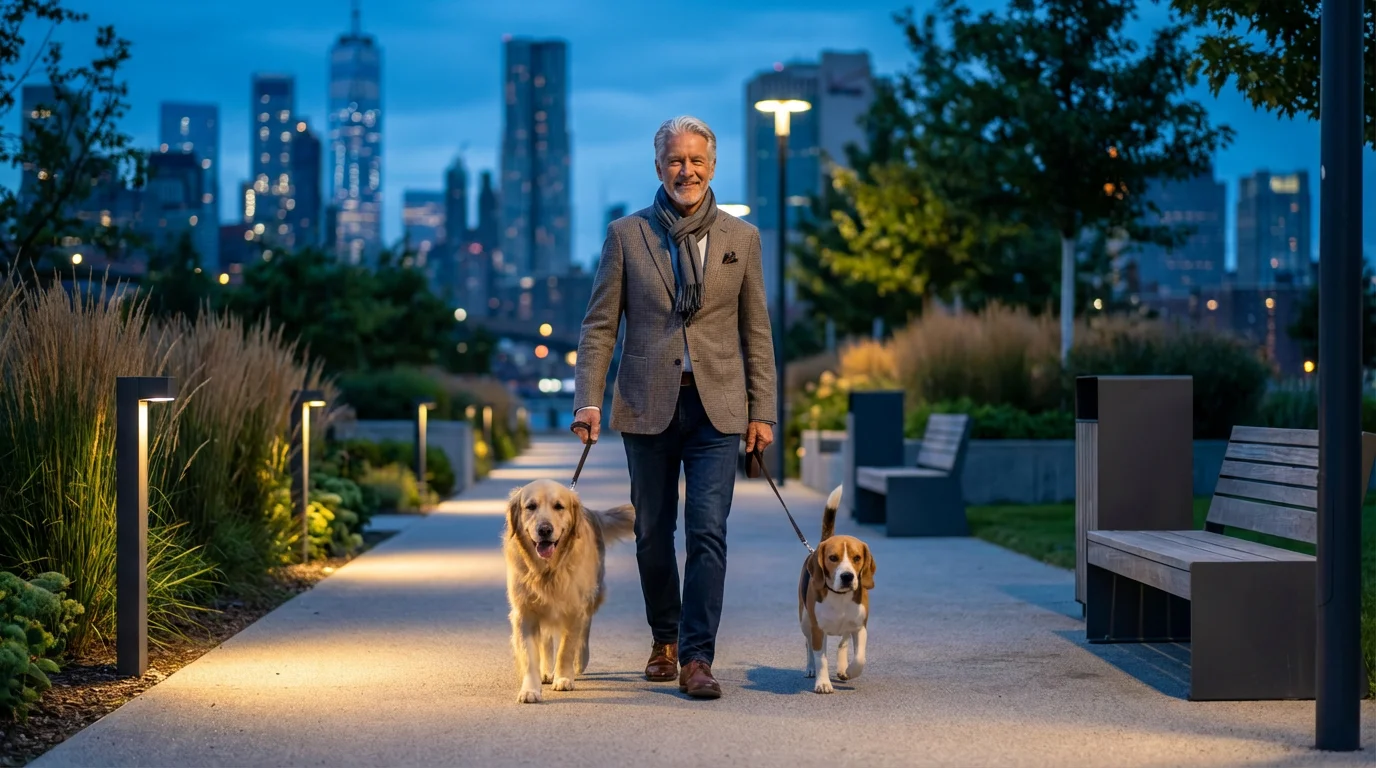 A senior man happily walks two dogs in a modern city park at dusk.