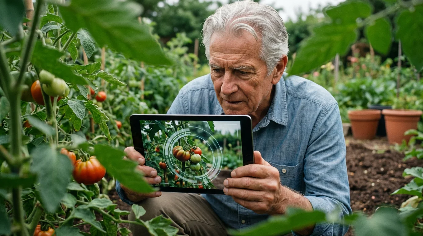 A senior man in a lush garden using a tablet to identify a plant.