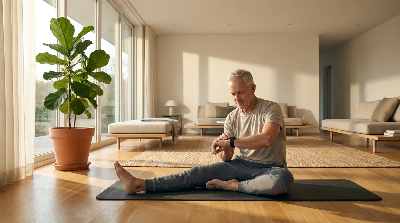 A senior man in a sunlit living room checks his fitness tracker while stretching.