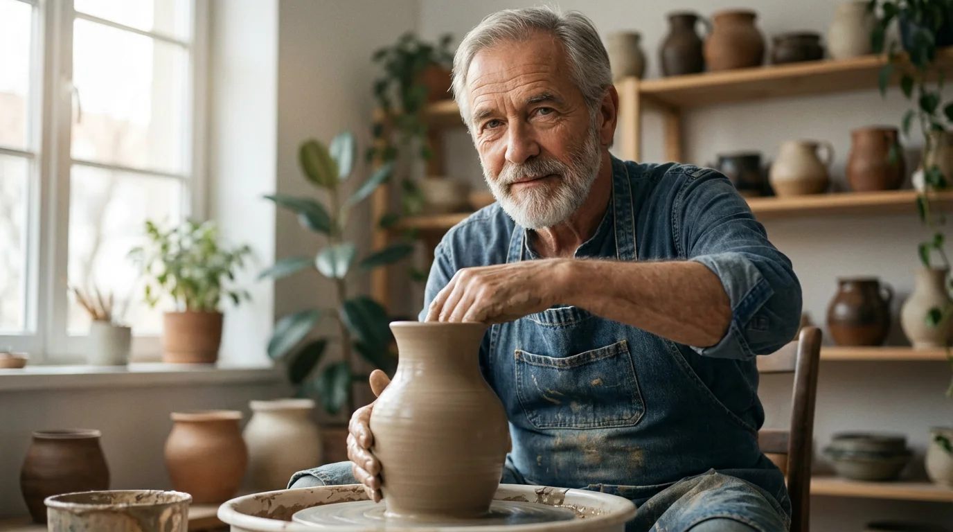 A senior man in a sunlit studio carefully shaping a clay vase on a pottery wheel.