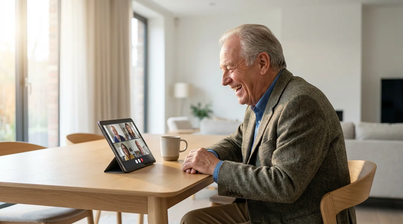 A senior man joyfully uses a tablet for a video call in a sunlit room.