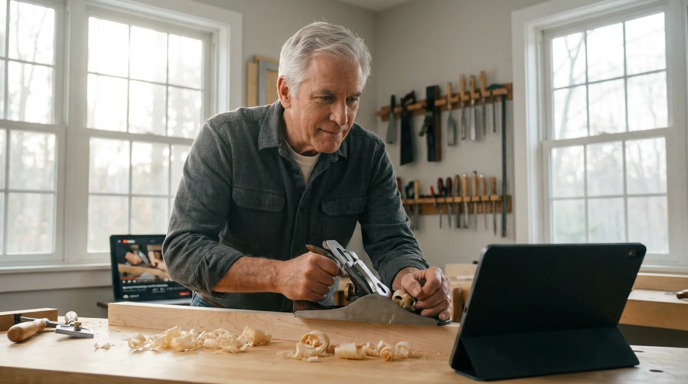 A senior man learning woodworking from a tablet in his sunlit home workshop.