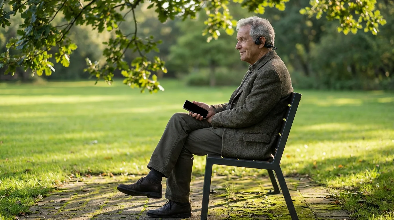 A senior man on a park bench using bone-conduction headphones with his smartphone.