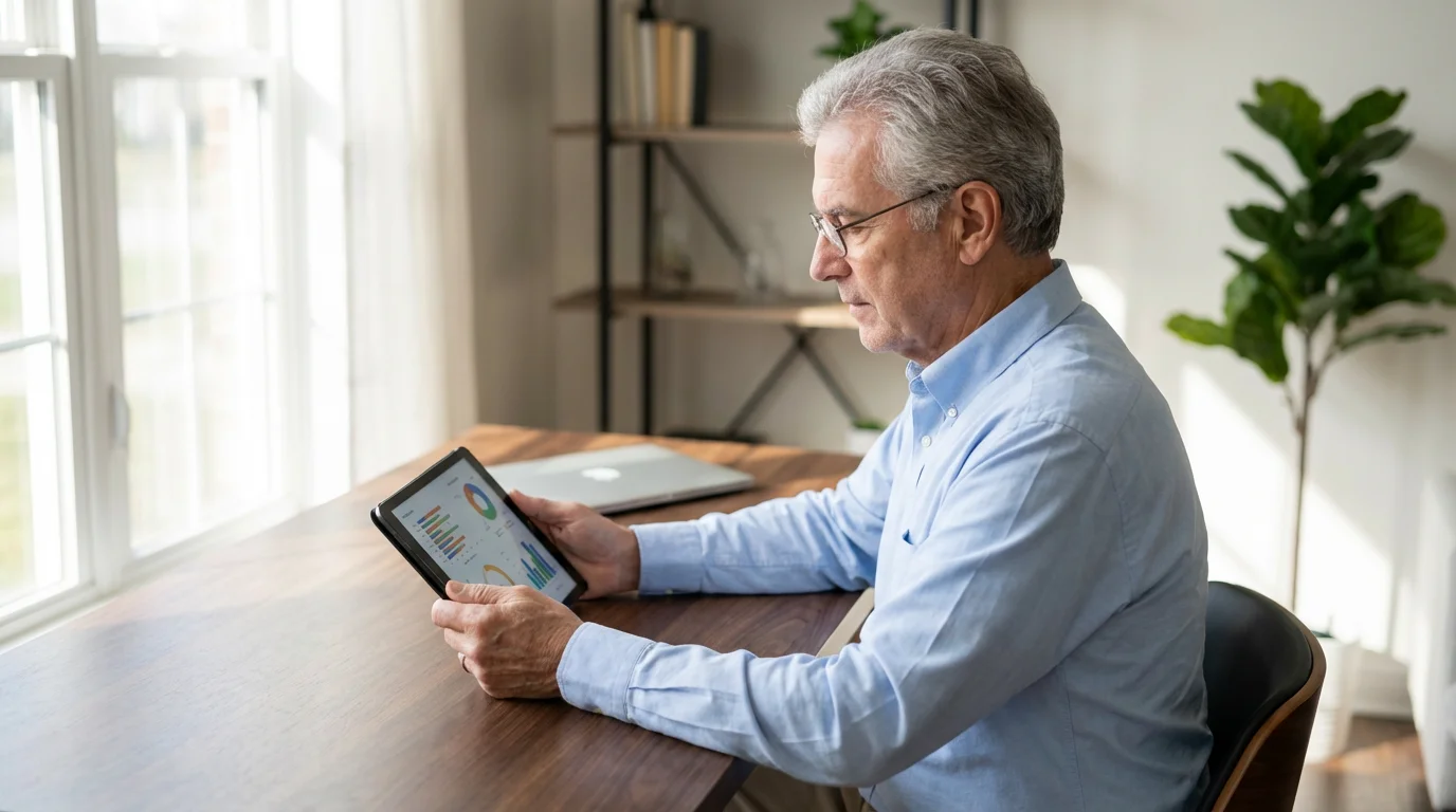 A senior man sitting at a desk, looking at financial charts on a tablet.