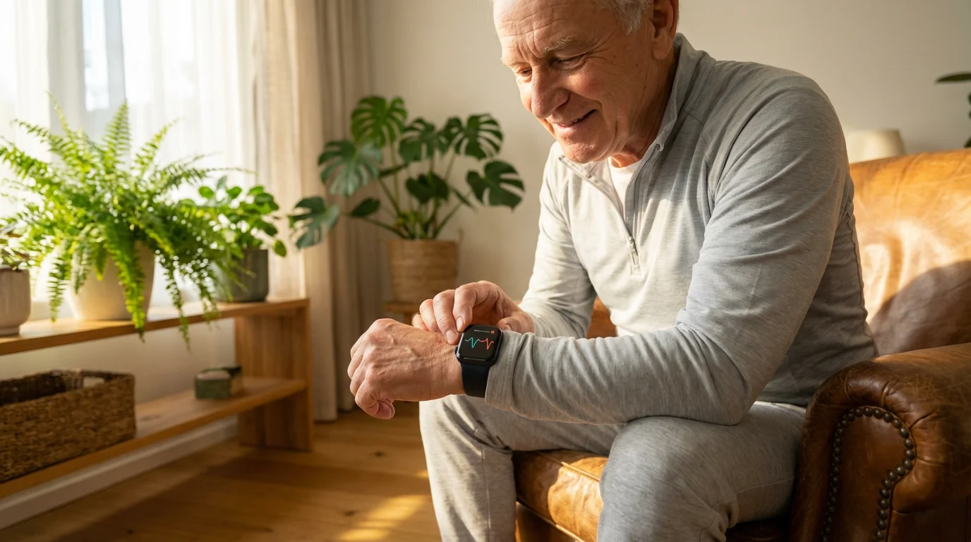 A senior man sitting in a sunlit room, smiling as he checks his smartwatch.