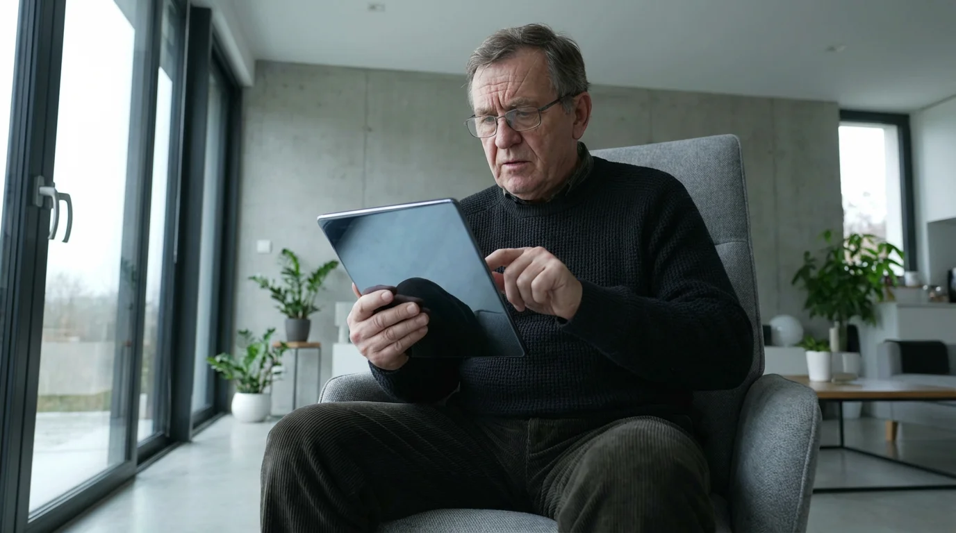 A senior man sitting in an armchair looks with concern at a digital tablet.