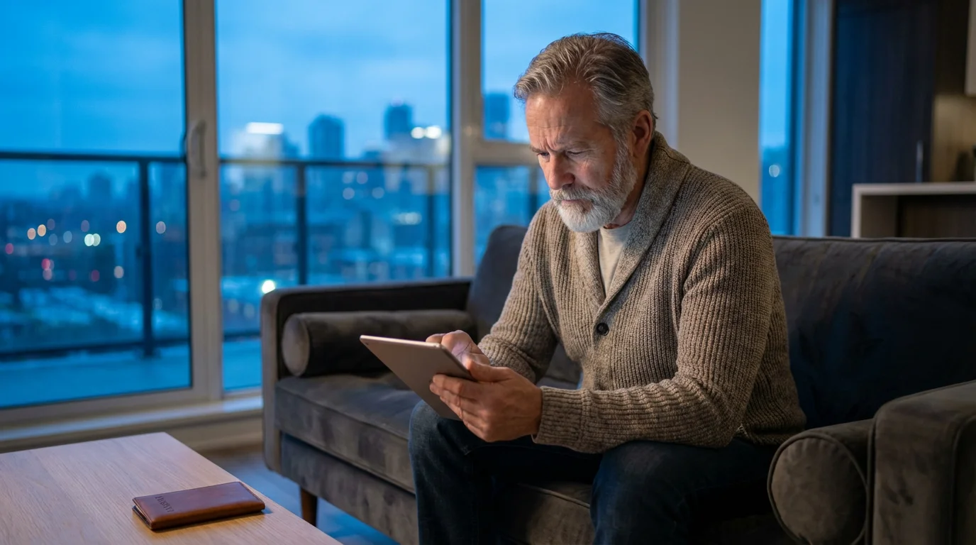 A senior man sitting on a sofa in the evening, using a tablet to plan travel.