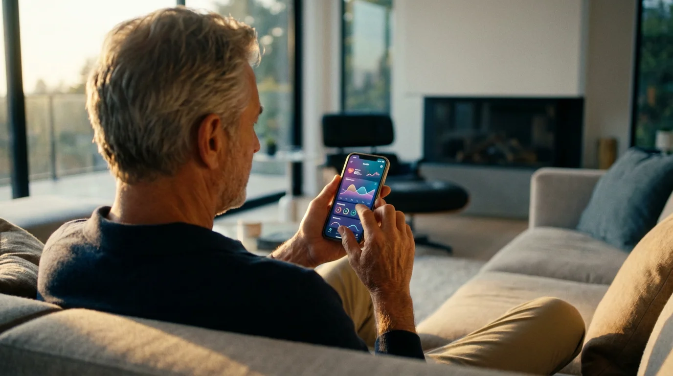 A senior man sitting on a sofa using a health management app on his smartphone.