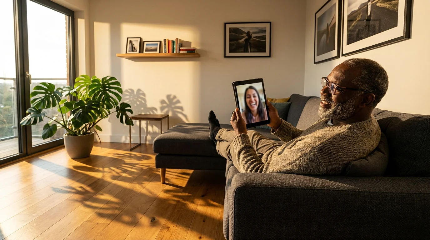 A senior man smiles while on a video call on his tablet at home.
