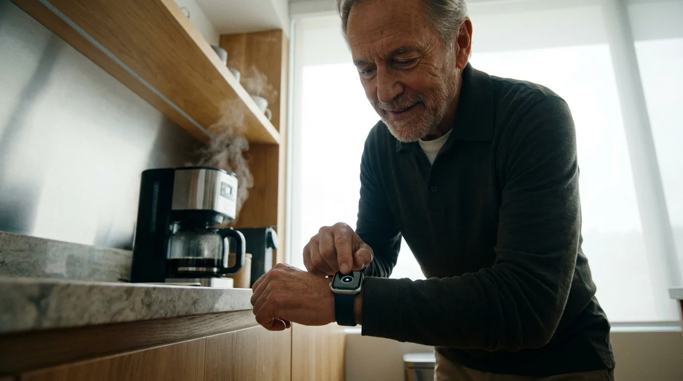 A senior man taps his smartwatch to start a coffee maker in his kitchen.