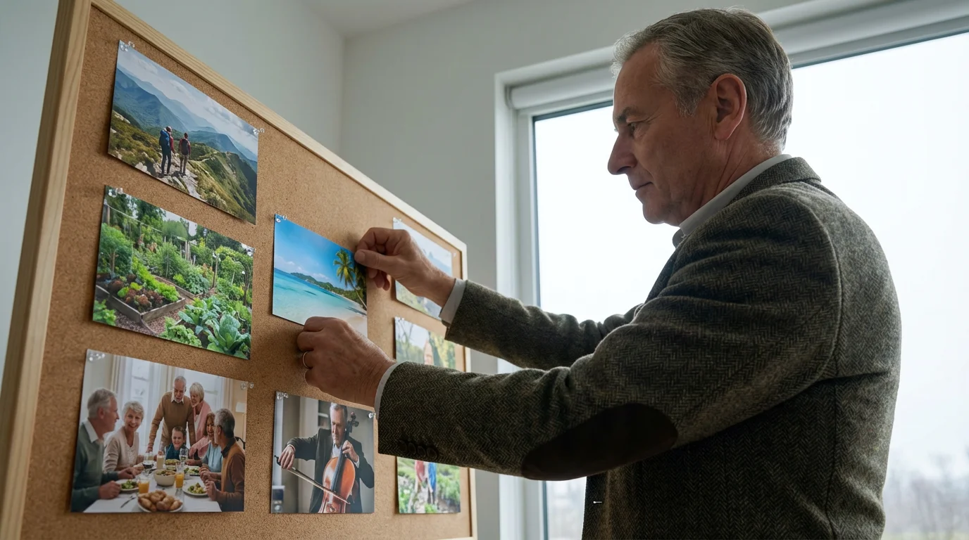 A senior man thoughtfully updates his retirement vision board in a bright, modern room.