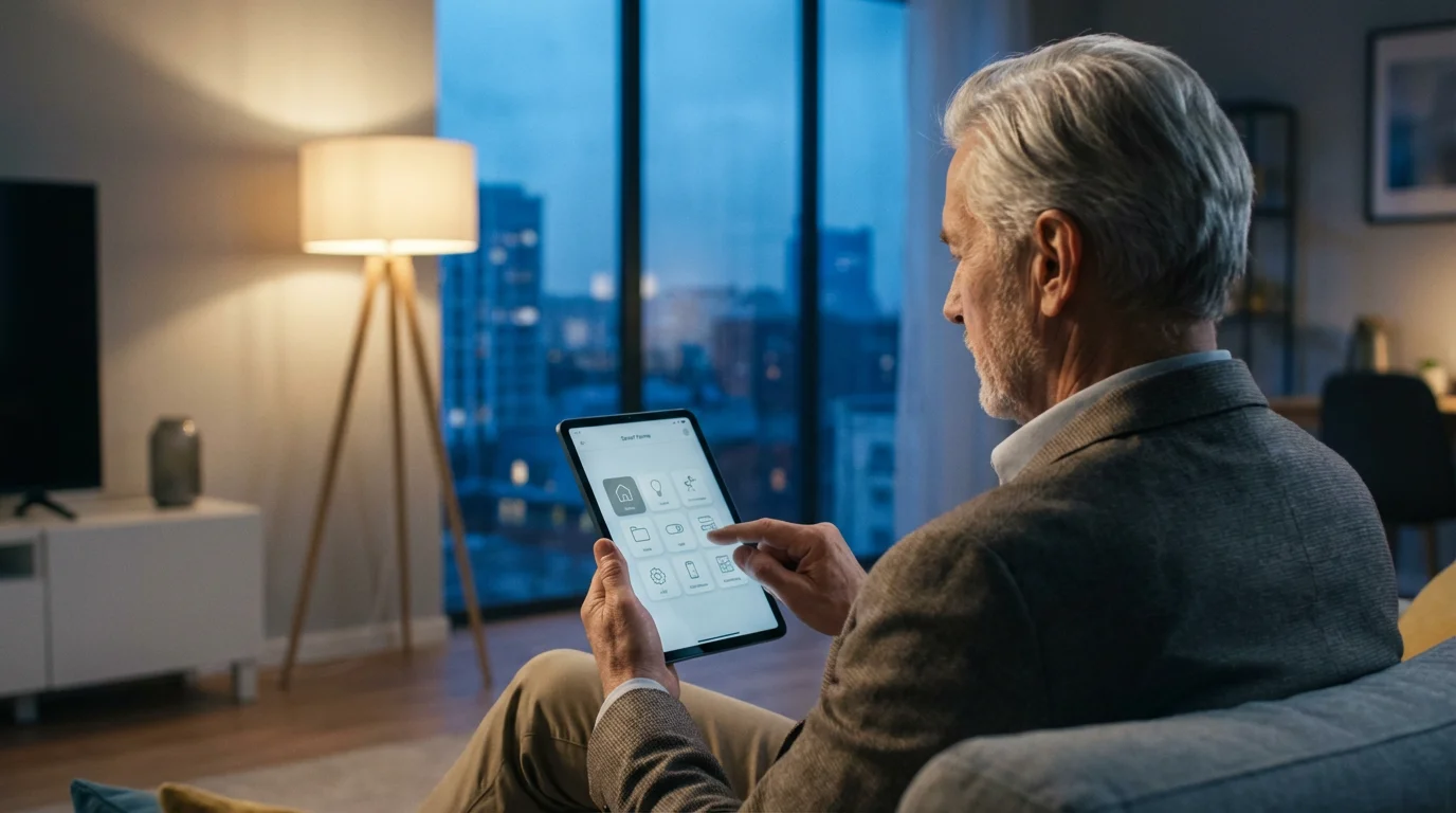 A senior man uses a tablet app to control the smart lighting in his home.