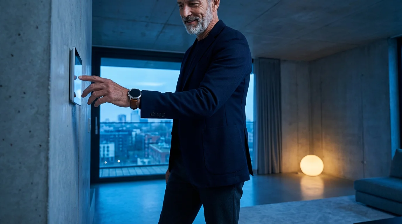 A senior man wearing a smartwatch adjusts a smart home panel in his living room.
