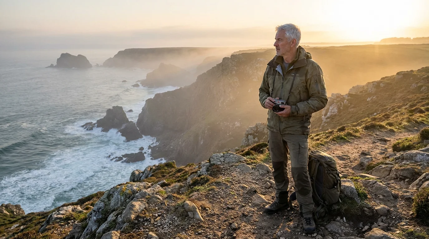 A senior man with a camera standing on a scenic coastal cliff at sunrise.