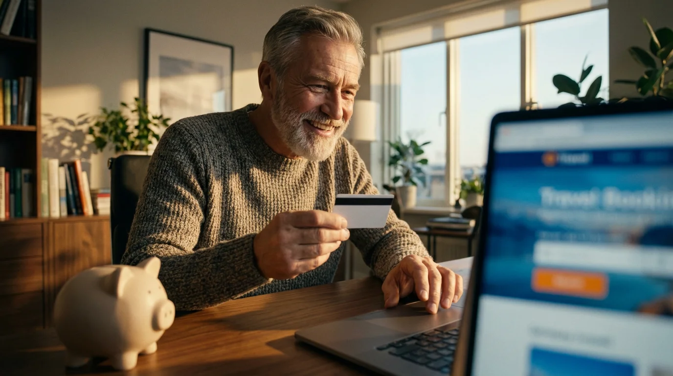 A senior man with a credit card booking train tickets on a laptop at sunset.