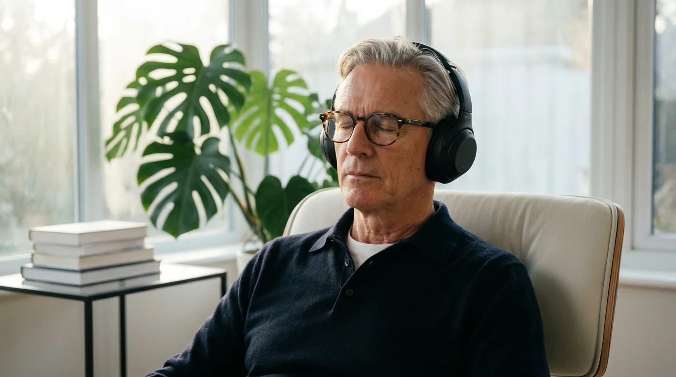 A senior man with headphones focuses on learning in a bright, sunlit room.