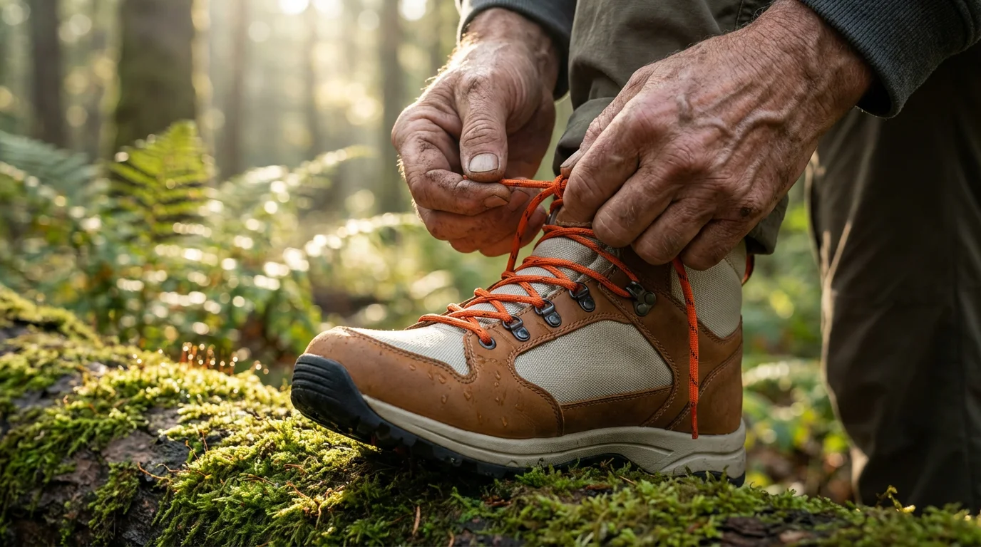 A senior person's hands carefully tying the laces of a new hiking boot outdoors.