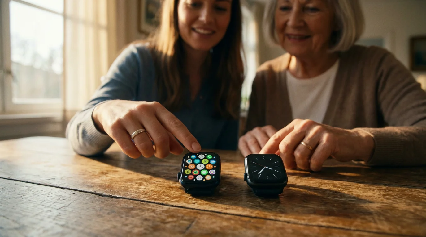 A senior woman and her daughter comparing two different smartwatches on a sunlit table.