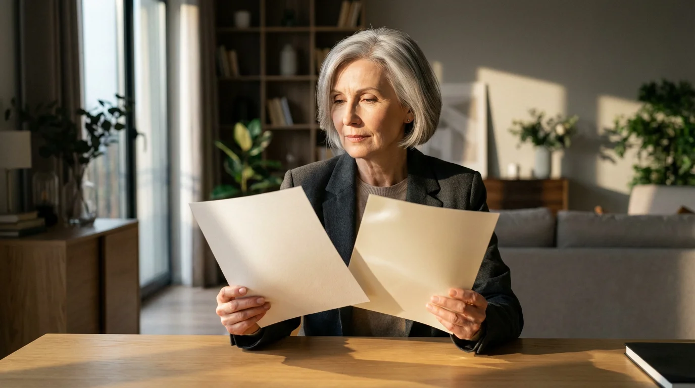 A senior woman at a desk comparing two different blank financial statements with afternoon shadows.
